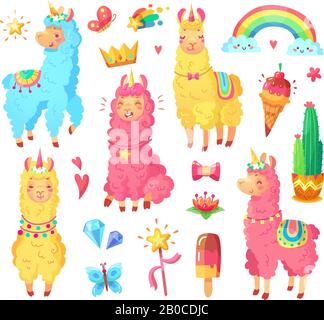 Divertente alpaca messicano sorridente con lanuginoso lana e carino arcobaleno unicorno lama. Set di illustrazioni per cartoni animati Magic Animal Illustrazione Vettoriale