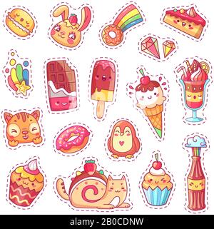 Cerotti di dolce fragola dessert, gelato ciliegia, positivo felice animali volti e divertente fumetto alimentare vettore divertente adesivi set Illustrazione Vettoriale