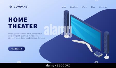 home theatre concept per l'intrattenimento vivente con stile isometrico per il modello di sito web o vettore di landing homepage Foto Stock
