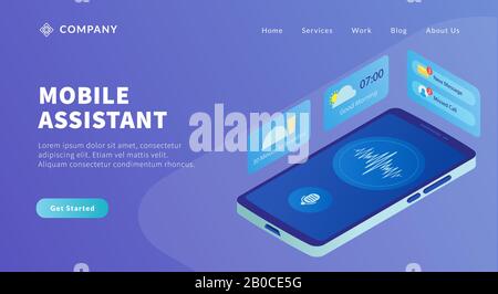 il concetto di app per assistente mobile con smartphone e icona aziendale aiuta con la tecnologia di intelligenza artificiale per il modello di sito web o landing homepage v Foto Stock