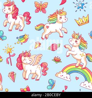 Cartoon babe pony schizzo carino sfondo. Miracolo dolce sogni con unicorno magico, nuvole e vettore arcobaleno senza cuciture modello Illustrazione Vettoriale