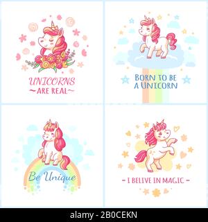 Poster unicorno fairy. Sweet rainbow magic unicorni da sogni felici poster stampabili set vettoriale Illustrazione Vettoriale