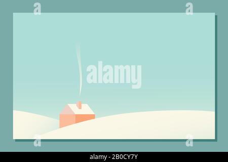 Accogliente cottage con fumo dal camino tra le colline coperte di neve. Stile piatto. Dolce casa di famiglia in colori pastello retrò. Vettore moderno disegnato a mano ill Illustrazione Vettoriale