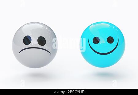 Volto triste e felice, concetto di felicità, illustrazione del rendering 3D Foto Stock