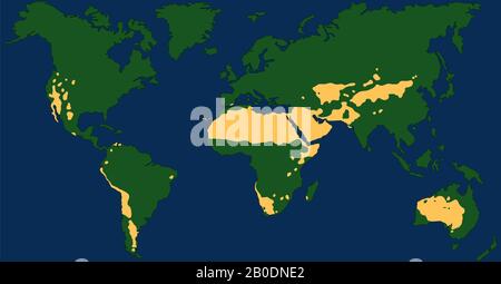 Mappa del mondo del clima desertico con i più grandi deserti come Sahara, Gobi, Kalahari, Arabian, Patagonian e Great Basin Desert. Grafico con zona gialla siccità Foto Stock