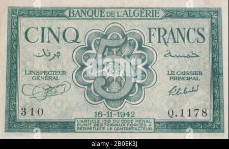 Una vecchia nota bancaria da Algeria - 5 Franchi 1942 Foto Stock