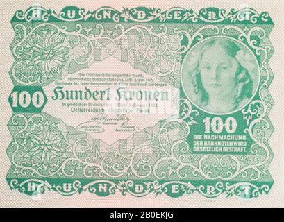 Il fronte di una nota bancaria austriaca del 1922 100 Kronen Foto Stock