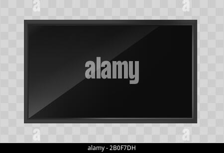 Display LCD mockup con riflessione e ombra su sfondo trasparente. Schermo TV nero isolato Illustrazione Vettoriale