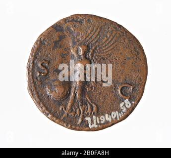 VZ: Testa imperiale r., IMP NERO CAESAR AUG P MAX TR P PP, Kz: Victoria n.l. Con scudo, S C, moneta, cenere, nero, metallo, rame, diam. 27 mm, peso 8,79 gr, roman 66-67, Paesi Bassi, sconosciuti, sconosciuti Foto Stock