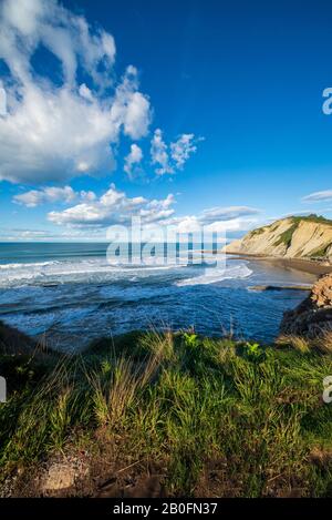 La costa di Zumaia in una chiara giornata estiva, la Spagna Foto Stock