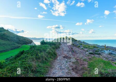 La costa di Zumaia in una chiara giornata estiva, la Spagna Foto Stock