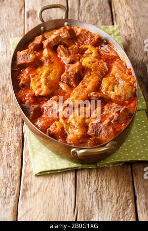 Agnello iraniano tradizionale e stufato di melanzane Khoresh Bademjan closeup in una padella sul tavolo. Verticale Foto Stock