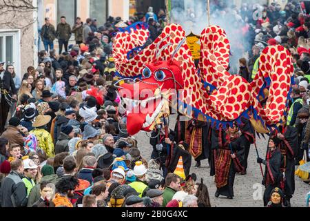 Dietfurt, Germania. 20th Feb, 2020. Un drago cinese partecipa alla tradizionale processione cinese del carnevale. Come ogni anno il 'Senza Senso Giovedi', stolti vestiti come asiatici sfilano attraverso la città. Il carnevale cinese risale ad una leggenda secondo la quale il popolo di Dietfurt nel Medioevo ha semplicemente lasciato un esattore fiscale che si erge fuori dalle mura della città. Si dice che il camberlain si sia successivamente lamentato al vescovo, suo datore di lavoro, che i Dietfurters si nascondevano dietro il loro muro 'come i cinesi'. Credito: Armin Weigel/Dpa/Alamy Live News Foto Stock