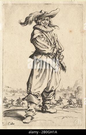 Jacques Callot, francese, 1592–1635, la Noblesse: Le guerrier au chapeau orné d'une grande Plume, 1602–1635, Incisione su carta, Totale: 5 11/16 x 3 11/16 in. (14,4 x 9,4 cm Foto Stock