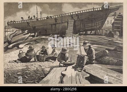 Dopo Winslow Homer, American, 1836–1910, Ship-Building, Gloucester Harbor, Da Harper's Weekly, vol. 17, 11 ott. 1873, incisione su carta da giornale, immagine: 9 1/4 x 13 5/8 in. (23,5 x 34,6 cm Foto Stock