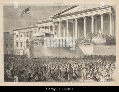 Dopo Winslow Homer, americano, 1836-1910, L'inaugurazione di Abraham Lincoln come presidente degli Stati Uniti, al Campidoglio, Washington, 4 marzo 1861.-[Da un disegno fatto sul punto.], Da Harper's Weekly, vol. 5, 16 marzo 1861, incisione del legno su carta da giornale, immagine: 13 11/16 x 20 pollici. (34,8 x 50,8 cm Foto Stock