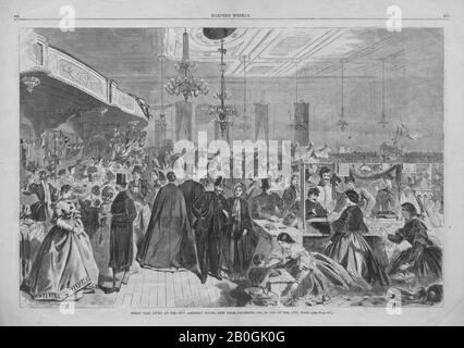 Dopo Winslow Homer, americano, 1836–1910, Grande Fiera Data al City Assembly Rooms, New York, dicembre 1861, In Aiuto Dei Poveri della città, Da Harper's Weekly, vol. 5, 28 dic. 1861, incisione del legno su carta da giornale, immagine: 13 x 20 1/4 in. (34 x 51,5 cm Foto Stock