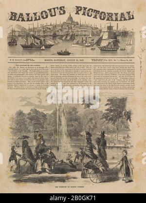 Charles F. Damoreau, americano, 19th secolo, Dopo Winslow Homer, (americano, 1836-1910), la Fontana su Boston Common, Da Ballou's Illustrative Drawing-Room Companion, vol. 13, 15 ago. 1857, incisione del legno su carta da giornale, immagine: 6 3/4 x 9 5/16 in. (17,2 x 23,6 cm Foto Stock