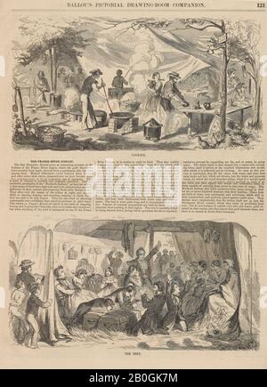 Dopo Winslow Homer, americano, 1836–1910, Cooking; The Tent, Da Ballou's Illustrative Drawing-Room Companion, vol. 15, 21 ago. 1858, incisione del legno su carta da giornale, foglio: 14 3/16 x 11 in. (36,1 x 28 cm Foto Stock