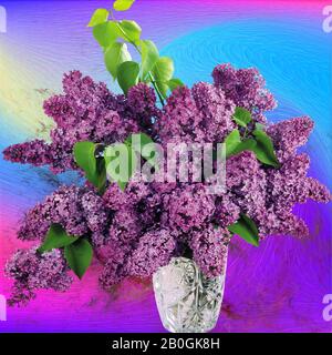 Immagine di un bouquet lilla in vaso su sfondo dipinto. Foto Stock