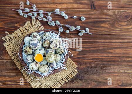 Le uova di quaglia sono messe in un cestino di vimini vicino ad un twig di willow. Pronti per Pasqua. Su uno sfondo di legno. Spazio di copia Foto Stock