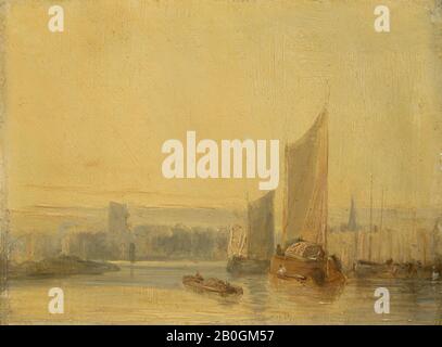 Artista sconosciuto, scena del fiume, Rouen, 19th secolo, olio sul pannello, 3 9/16 x 4 9/16 in. (9 x 11,6 cm Foto Stock