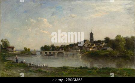 Charles-François Daubigny, francese, 1817–1878, il ponte tra Persan e Beaumont-sur-Oise, 1867, olio sul pannello, 15 1/8 x 26 7/16 in. (38,4 x 67,1 cm Foto Stock