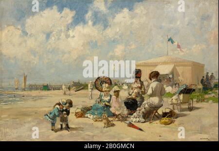 Luigi Loir, francese, 1845–1916, A Seashore, 1870s, olio e inchiostro su carta beige, montato su tela, 13 1/2 x 20 3/4 in. (34,3 x 52,7 cm Foto Stock