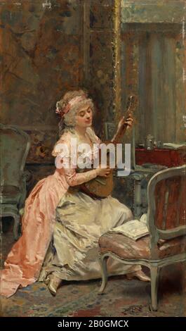 Raimundo de Madrazo y Garreta, Spagnolo, 1841–1920, Donna con chitarra, c. 1870, olio su pannello, 11 7/8 x 7 in. (30,2 x 17,8 cm Foto Stock