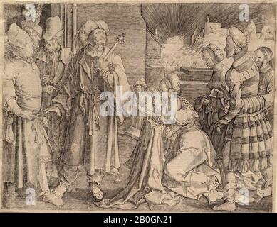 Dopo Lucas van Leyden, Netherlandish, c. 1494–1533, Moglie di Potifar Accusatrice di Giuseppe, incisione su carta posata, immagine: 4 3/4 x 2 5/16 in. (12,1 x 5,9 cm Foto Stock