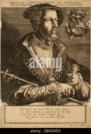 Dopo Heinrich Algriver, tedesco, 1502–1560, Ritratto di Jan van Leyden, Anabattist, 1522–1800, incisione su carta, immagine: 12 5/8 x 8 7/8 in. (32 x 22,6 cm Foto Stock