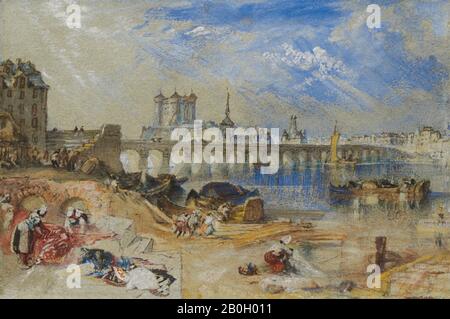 Joseph Mallord William Turner, inglese, 1775–1851, Saumur della Île d'Offart, con il Pont Cessart e la Château In Lontananza, c. 1830, acquerello e gouache con penna e inchiostro nero e marrone su tracce di grafite su carta di oro blu, foglio: 5 x 7 9/16 in. (12,7 x 19,2 cm Foto Stock