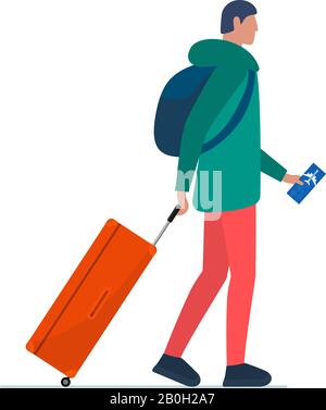 Giovane viaggiatore a piedi con valigia e biglietto aereo in aeroporto. Millennial maschile con bagaglio e zaino vanno a bordo in aereo. Illustrazione del vettore turistico per le vacanze di viaggio dei passeggeri Illustrazione Vettoriale