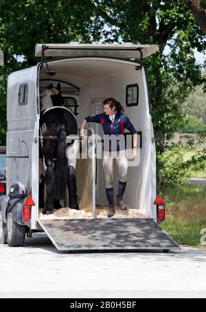 22.06.2019, Bruemmerhof, Bassa Sassonia, Germania - Cavallo caricato in un rimorchio. 00S190622D772CAROEX.JPG [RILASCIO MODELLO: SÌ, RILASCIO PROPRIETÀ: NO (C Foto Stock