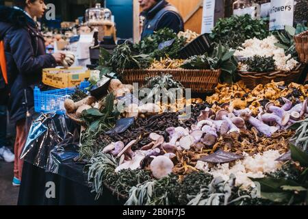 Londra, Regno Unito - 29 novembre 2019: Varietà di funghi in vendita presso uno stallo all'interno del Borough Market, uno dei più grandi e antichi mercati alimentari di Londra, pe Foto Stock