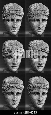 Statua di marmo testa di un giovane, romano, imperiale, Data 1st o 2nd secolo d.C., romano, marmo, pentelico, H. 6 3/8 in. (16,2 cm), scultura in pietra Foto Stock