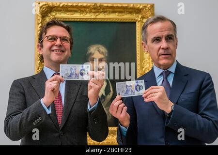 Londra, Regno Unito. 20th Feb, 2020. Il governatore della Bank of England Mark Carney, direttore della Tate Britain Alex Farquharson lancia la nuova nota di £20 con l'artista JMW Turner accanto al suo autoritratto (utilizzato sulla nota) alla Tate Britain. La nuova banconota entra in circolazione il 20 febbraio. Credito: Guy Bell/Alamy Live News Foto Stock