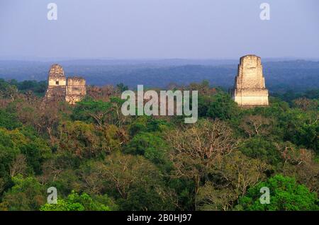 GUATEMALA, TIKAL, VISTA DEL TEMPIO III (A DESTRA), DEL TEMPIO II E DEL TEMPIO I DAL TEMPIO IV Foto Stock