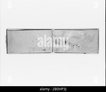 Jervis McEntee, Lago di Como, 3 maggio 1869 (verso, da sketchbook), americano, Jervis McEntee (americano, Rondout, New York 1828–1891 Rondout, New York), 1869, americano, grafite, gouache bianco, su carta blu, 4 1/2 x 9 pollici. (11,4 x 22,9 cm), Disegni Foto Stock