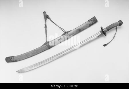 Spada con Scabbard e gancio Cintura, cinese, 18th secolo, cinese, acciaio, oro, ottone, pelle di squalo, legno, tessile, H. con scabbard 39 1/2 in. (100,3 cm); H. senza scabbard 38" (96,5 cm); H. di lama 31 3/4 in. (80,7 cm); W. 3 1/2 in. (8,9 cm); Peso 1 lb. 11,5 once (779,6 g); Peso dello scabbard 15,1 oz. (428,1 g), Spade Foto Stock