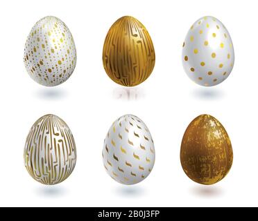 Uova di Pasqua bianche e oro su sfondo bianco. Vettore impostato per la carta Pasqua di vacanza Illustrazione Vettoriale