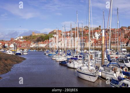 Le linee di yacht sono ormeggiate ad un molo nel porticciolo di Whitby. Gli edifici sono in lontananza e una chiesa è la cima di una collina. Un cielo pieno di nube è sopra. Foto Stock