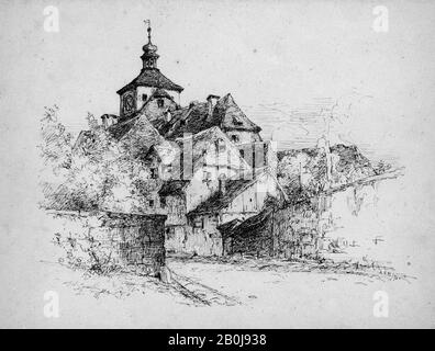 Andrew Fisher Bunner, Sketch of a German Village, American, Andrew Fisher Bunner (1841–1897), 1876, American, Black Ink and Graphite Traces on Off-whitw Laid paper, 9 9/16 x 12 7/8 in. (24,3 x 32,7 cm), Disegni Foto Stock