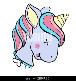 Icona unicorno morto isolata su sfondo bianco. Divertente illustrazione vettoriale. Illustrazione Vettoriale