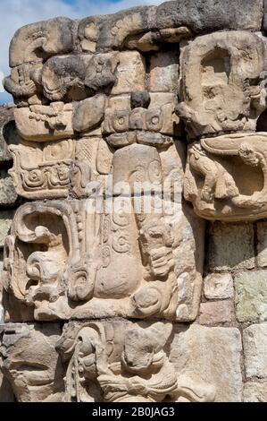 HONDURAS, ROVINE DI COPAN, SITO ARCHEOLOGICO MAYA, CORTE ORIENTALE (PATIO DE LOS JAGUARES), CANCELLO CON TESCHI SCOLPITI, DETTAGLIO Foto Stock