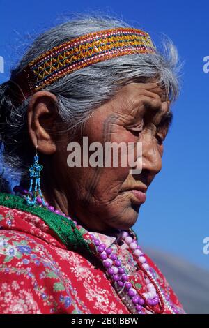 RUSSIA, REGIONE DEL MAGADAN, CHUKOTSKIY, CHAPLINO, FESTIVAL DEL CACCIATORE, RITRATTO DI DONNA ESCHIMISTA TATUATA Foto Stock