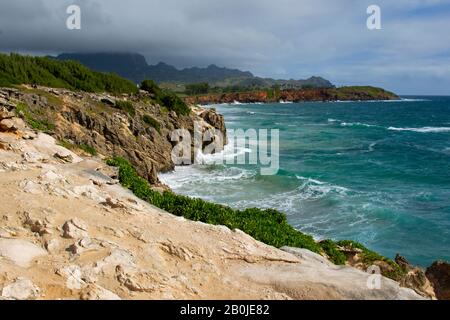Vista sulla costa al Mahaulepu Heritage Trail, Kauai, Hawaii, USA Foto Stock