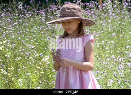 La ragazza giovane è abbastanza in rosa come si leva in piedi in un campo di fiori rosa e bianco, indossando un vestito rosa e un cappello grande del floppy Foto Stock