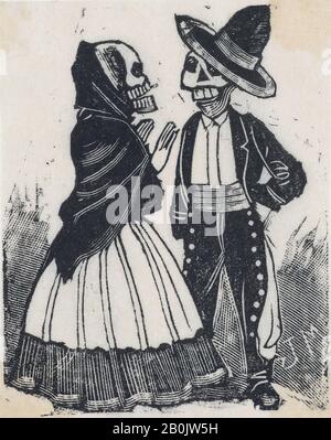 José Guadalupe Posada, uno scheletro maschile e femminile che parla (vignetta per la festa dei morti), José Guadalupe Posada (messicano, 1851-1913), ca. 1890–1910, incisione Su lamiera, foglio: 3 1/4 × 2 1/2 in. (8,2 × 6,3 cm), stampe Foto Stock
