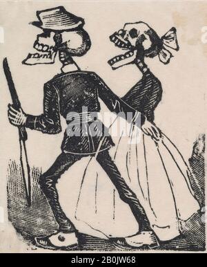 José Guadalupe Posada, uno scheletro maschile che conduce uno scheletro femminile a sinistra, da un brofide intitolato 'la Calavera de Cupido', pubblicato da Antonio Vanegas Arroyo., José Guadalupe Posada (messicano, 1851–1913), ca. 1880-1910, Attacco su zinco, foglio: 3 1/8 × 2 5/8 in. (8 × 6,7 cm), stampe Foto Stock